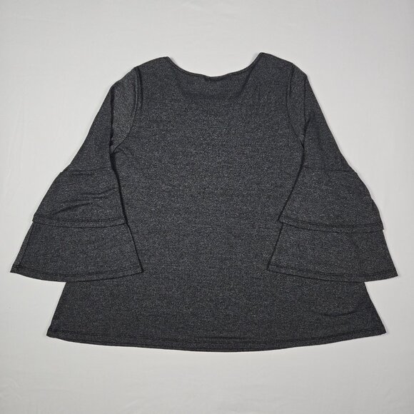 GYFT Gray Bell Sleeve Tunic Top L Criss Cross Neck Boho Chic Casual Soft Classic - Picture 6 of 10